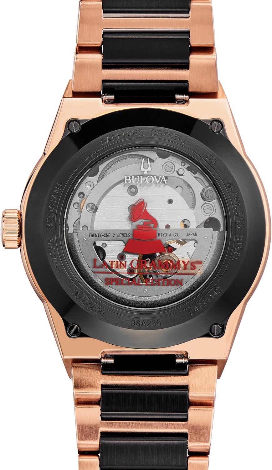 Bulova Latin Grammy Modern Millenia Automatic Two-Tone Stainless Steel Watch,Open Heartbeat Aperture,Exhibition Case Back,Black Dial, (Model:98A236)