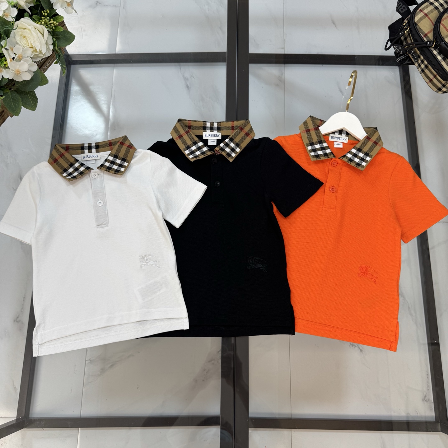 Burberry Unisex Kids Vintage Check Collar Short Sleeve Cotton Polo T-Shirt Boys Girls Sizes 100-160 Three Colors White Black Orange