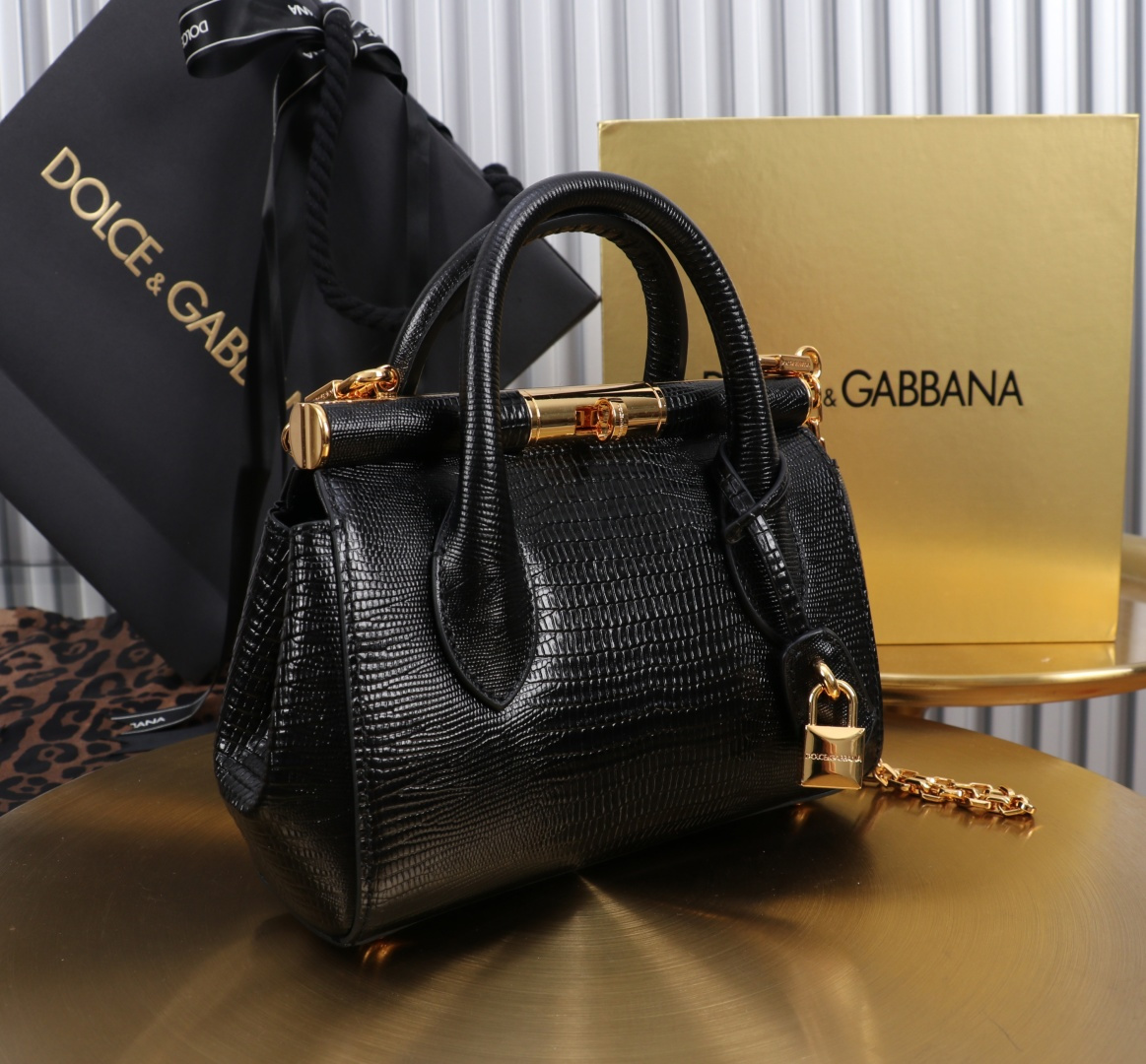 [TOP] Dolce & Gabbana D&G Marlene Bag Calfskin with Lizard Print 19x13.5x7cm - Black - 711 Luxury