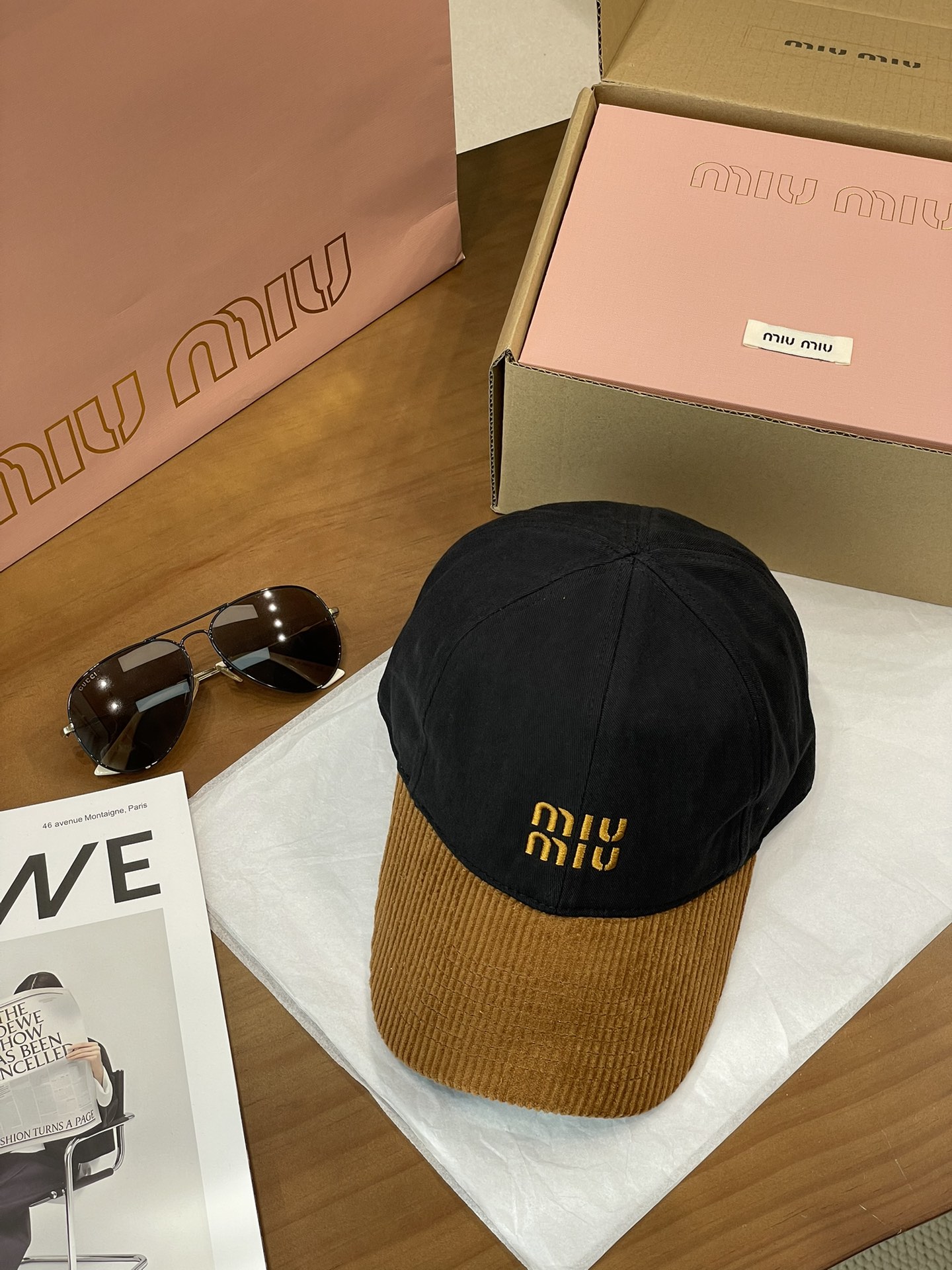 Designer Hat MiuMiu Corduroy Brim Baseball Cap #393801 View 2 | Nigo Office