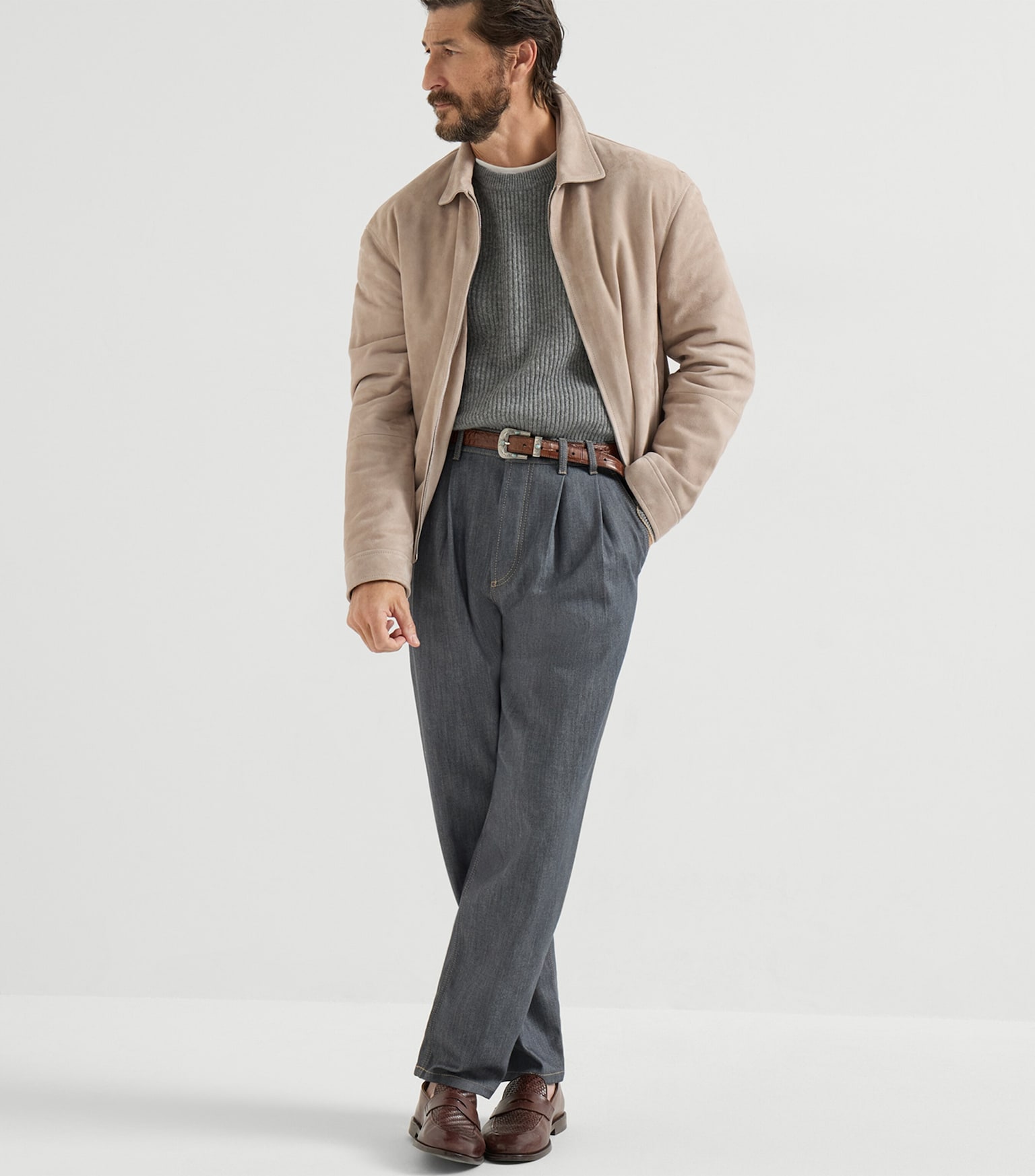 Brunello Cucinelli beige Clothing Brunello Cucinelli Beige Suede Two-Way Zip Jacket #394989 View 2 | Nigo Office