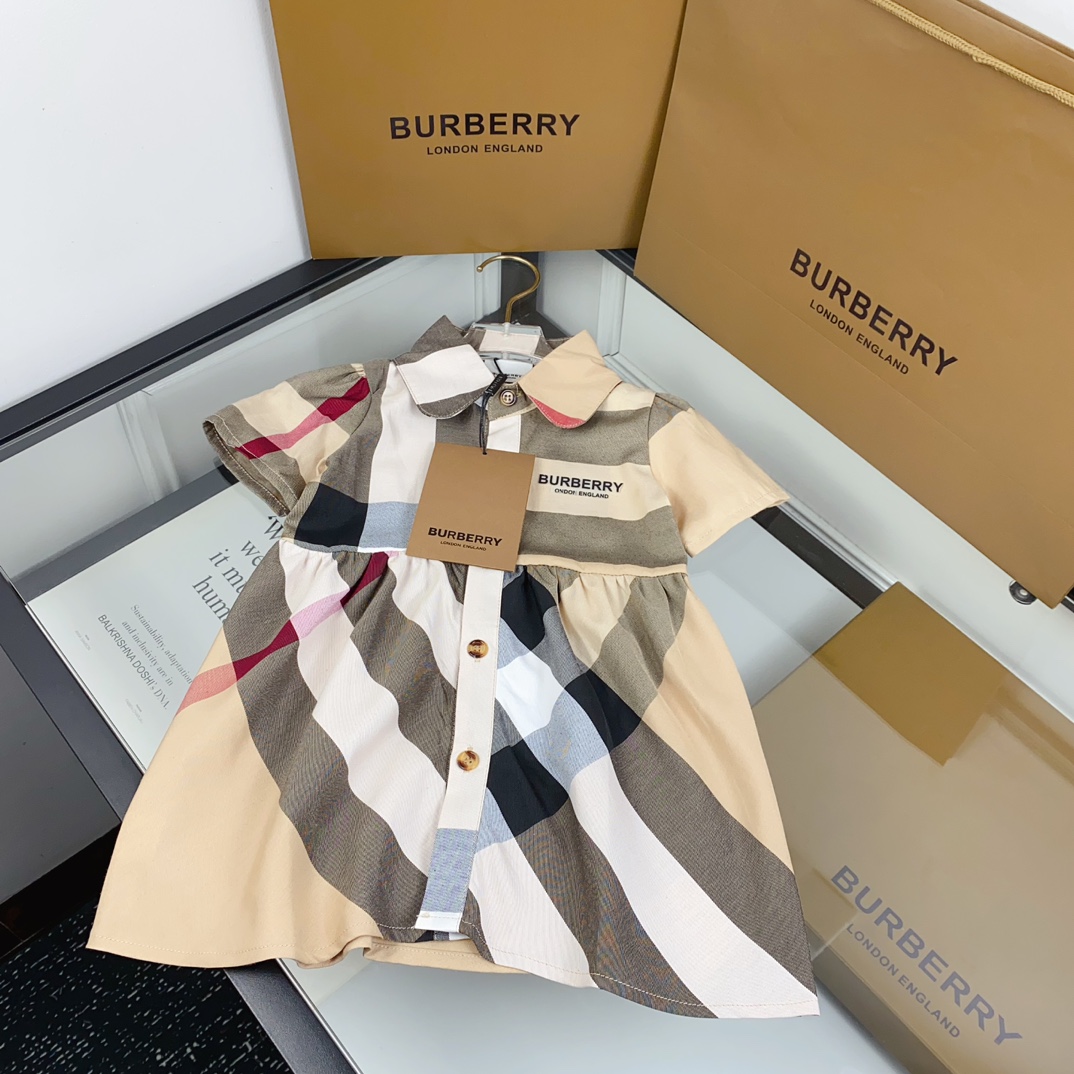 Burberry Girls Vintage Check Peter Pan Collar Short Sleeve Cotton Shirt Dress Kids Classic Plaid A-Line Dress Sizes 80-120