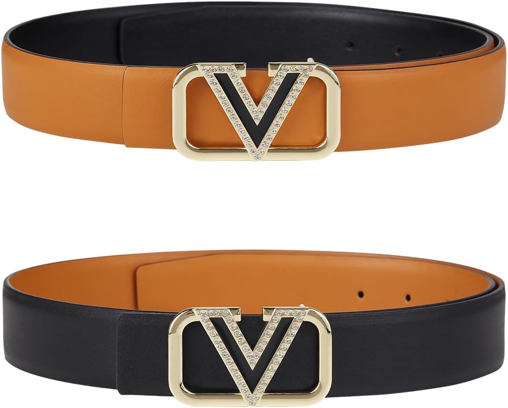 OXSLEN Women Reversible Leather Belt with Fashion V Gold Buckle for Dresses, Jeans, and Coats,width 1.3