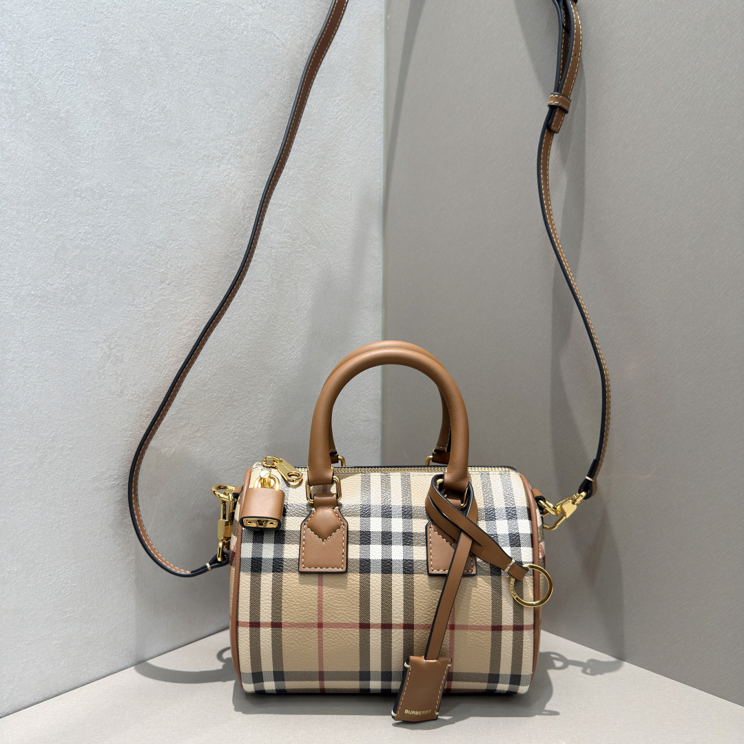 [TOP] BURBERRY Mini Plaid Boston Bag 18.5x11x12cm - Khaki and Brown - 711 Luxury