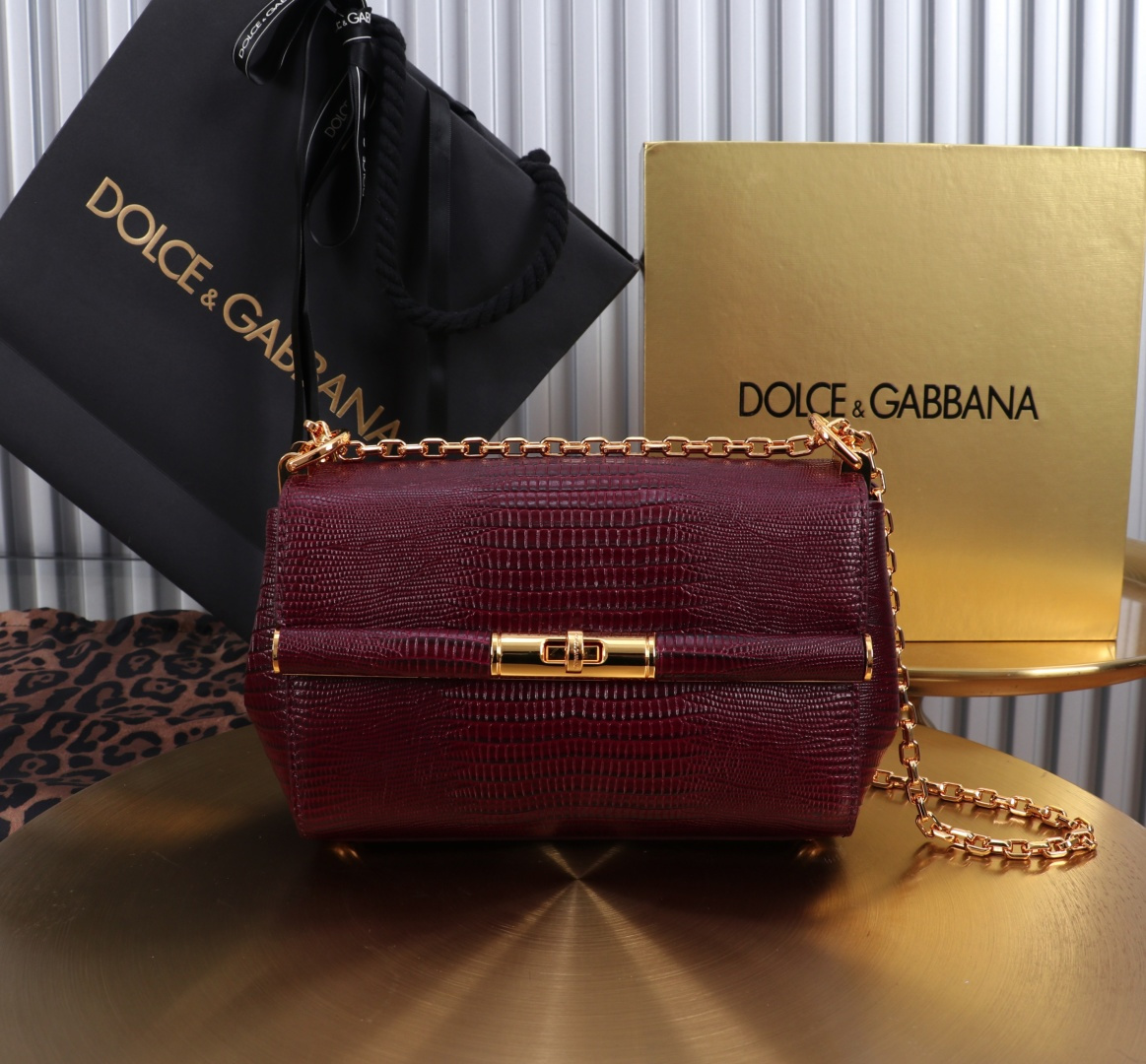 [TOP] Dolce & Gabbana D&G Shoulder Bag with Lizard Print 18x10.6x7cm - Dark Red - 711 Luxury