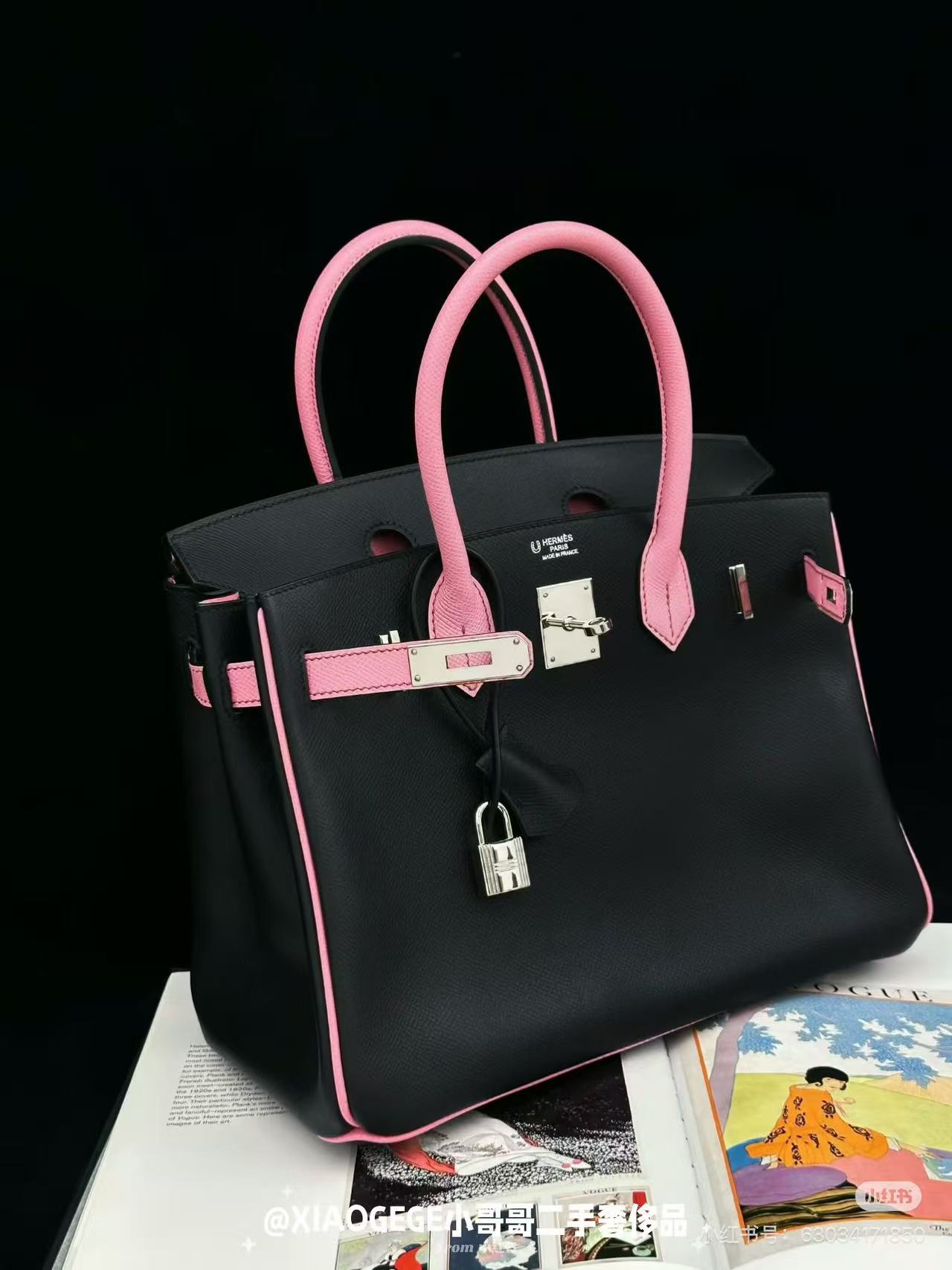 [TOP] HERMES Epsom Leather Birkin Bag 30cm -Black&Bubblegum&SHW - 711 Luxury