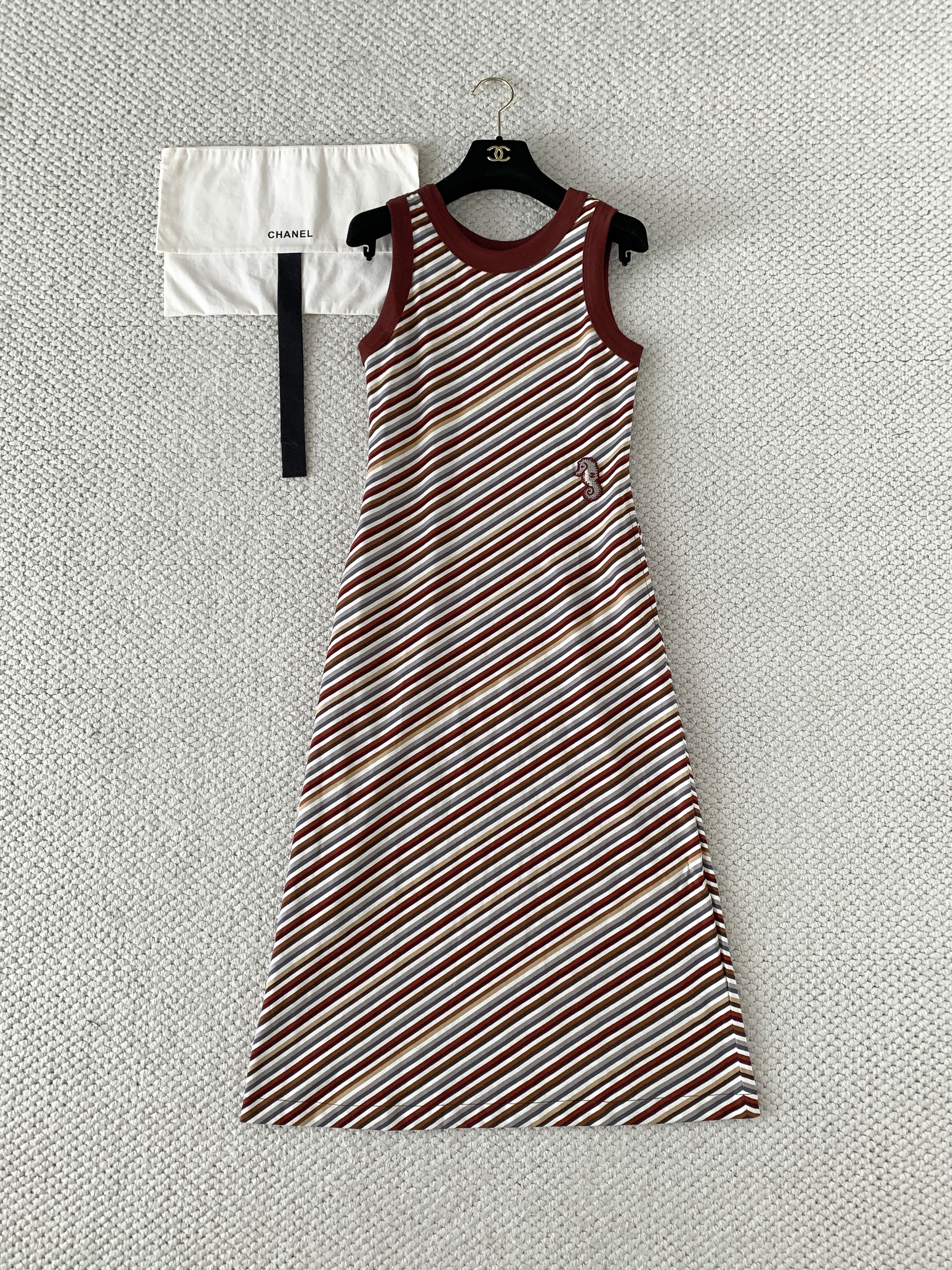 CHANEL Long Dress Cotton Brown White Black #386328