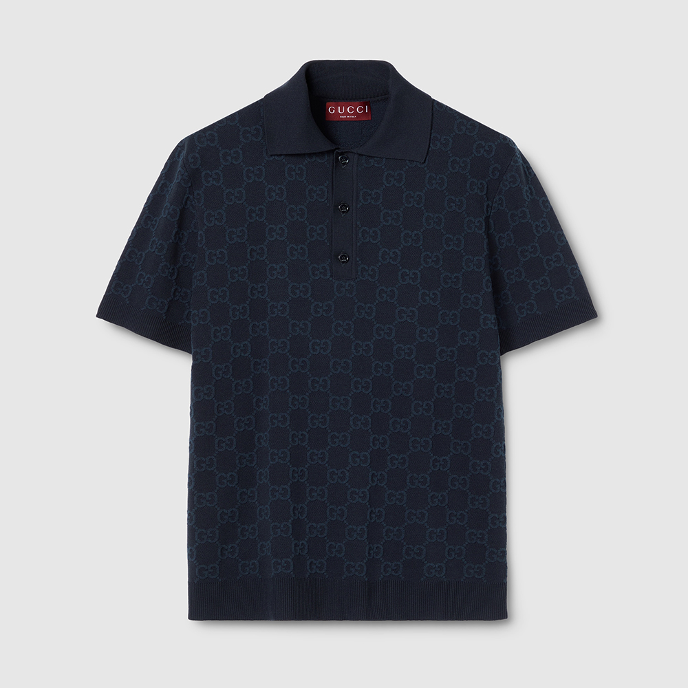 GUCCI GG Cotton Silk Jacquard Polo Shirt in Dark Blue #379147
