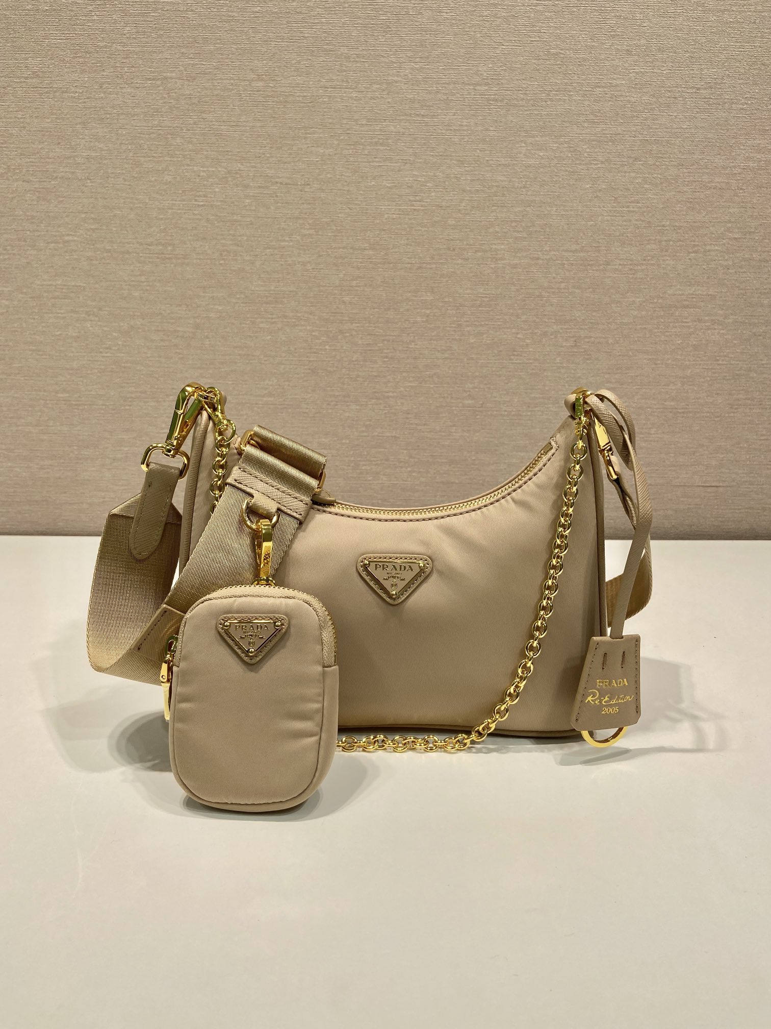 [TOP] PRADA Hobo Bag Nylon 22x12x6cm - Khaki & GHW