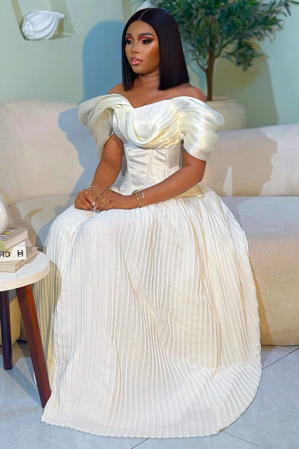 Off Shoulder Bandeau Corset Pleated Party Maxi Dresses-White
