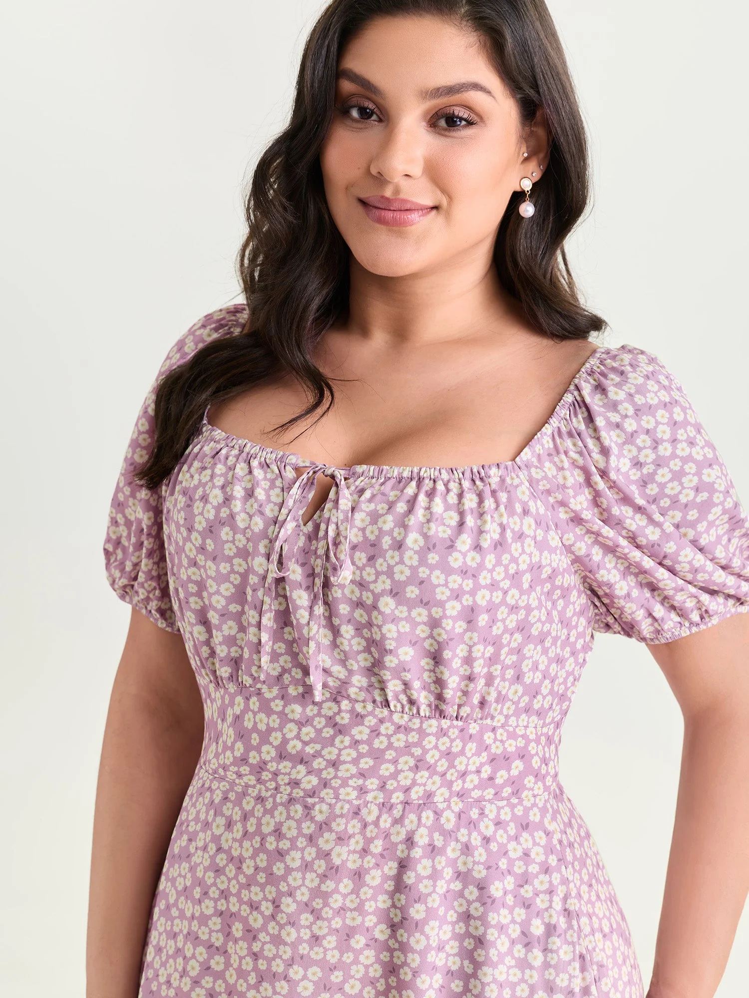 Ditsy Floral Print Cinched Waist Midi Dress