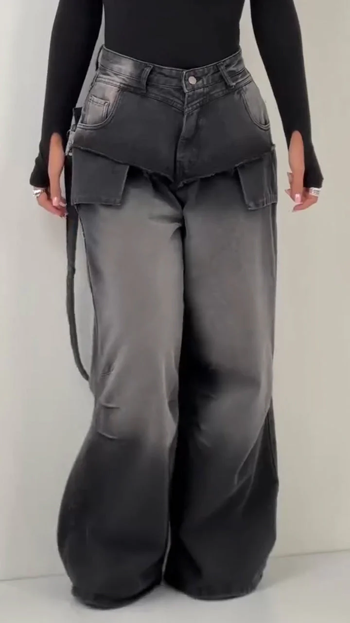 Women Patchwork Washing Water Back Hanging Rope Design Casual Jeans