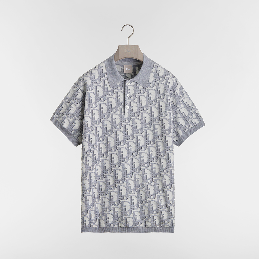 DIOR Dior Oblique Polo Shirt Regular Fit Gray Cotton-Wool-Silk Jacquard #384706
