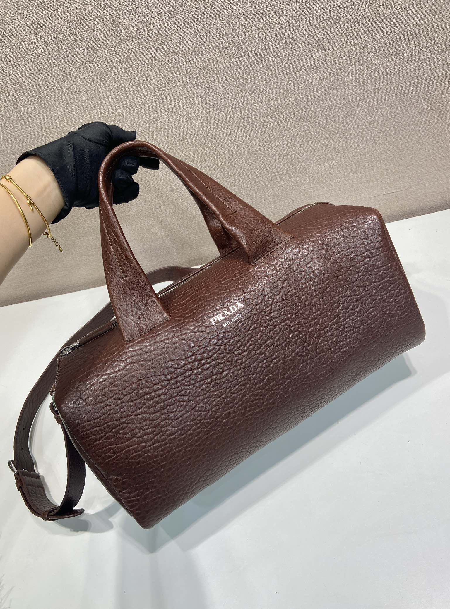 [TOP] PRADA Boston Travel Bag Lambskin 35x17.5x17.5cm - Brown