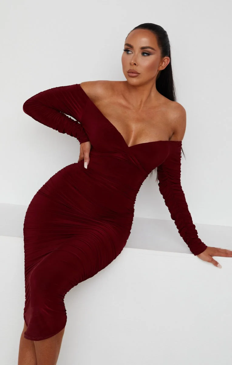 Ruched Bardot Long Sleeve Bodycon Mini Dress