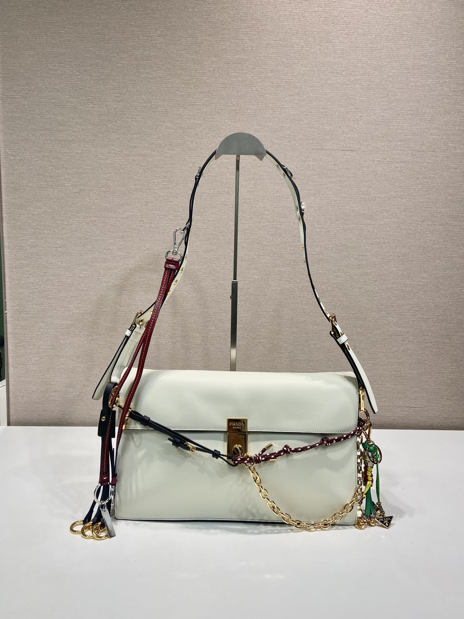 [TOP] PRADA Soft Sound Bag 35x19.5x10.5cm - White & GHW - 711 Luxury