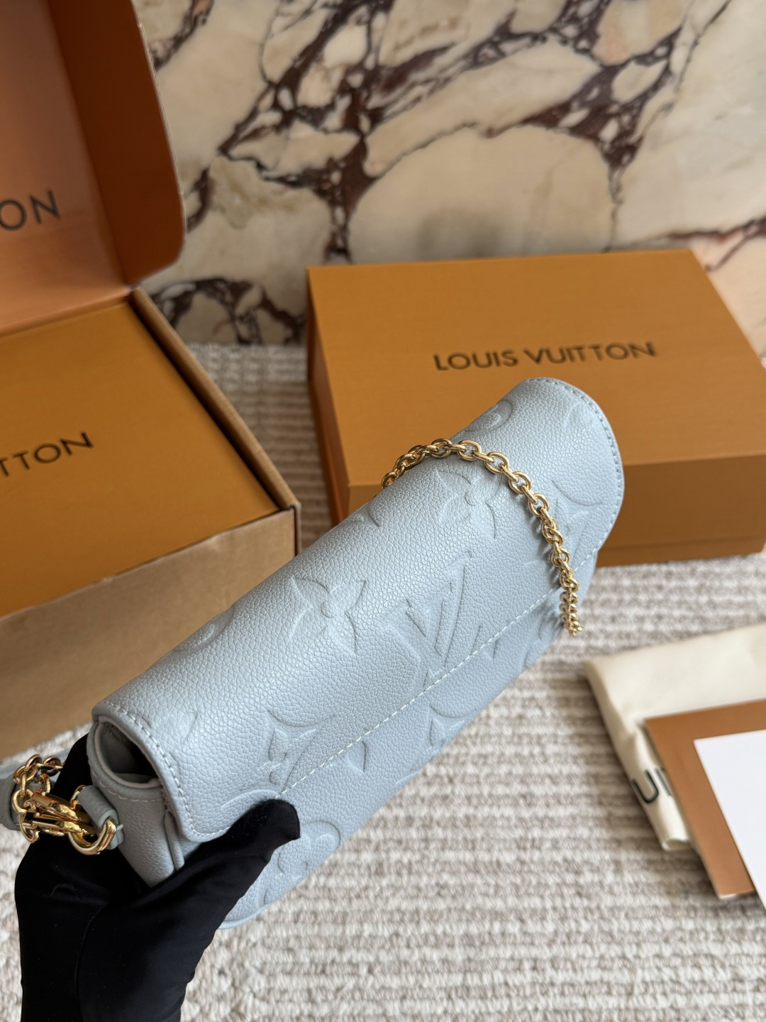 Louis Vuitton Ivy WOC Clutch Light Blue Leather with Chain Strap and Zipper Closure (Replica)