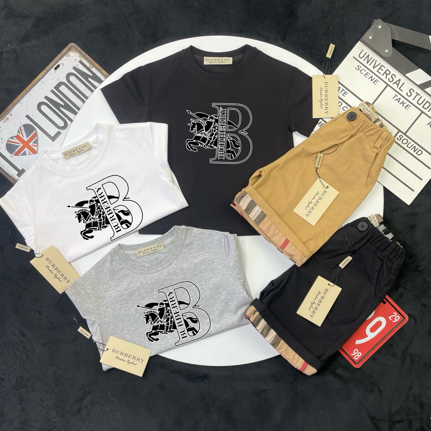 Burberry Unisex Kids Big B Equestrian Knight Print Short Sleeve T Shirt & Plaid Cuff Elastic Waist Chino Shorts Two Piece Matching Set Boys Girls Sizes 100-160