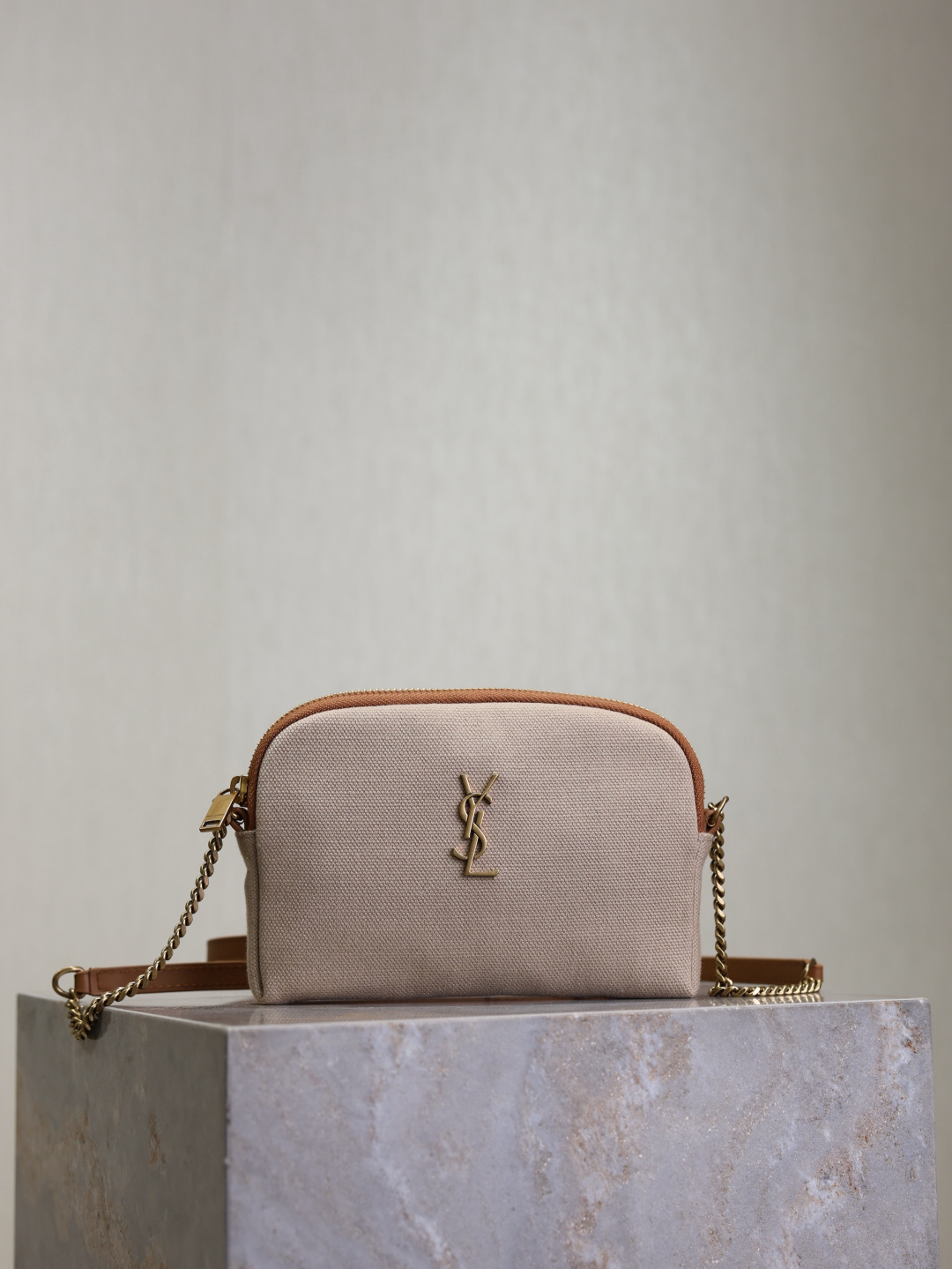 [TOP] Yves Saint Laurent YSL Gaby Canvas/Cowhide Bag 19x3x3.5cm - Beige & GHW - 711 Luxury