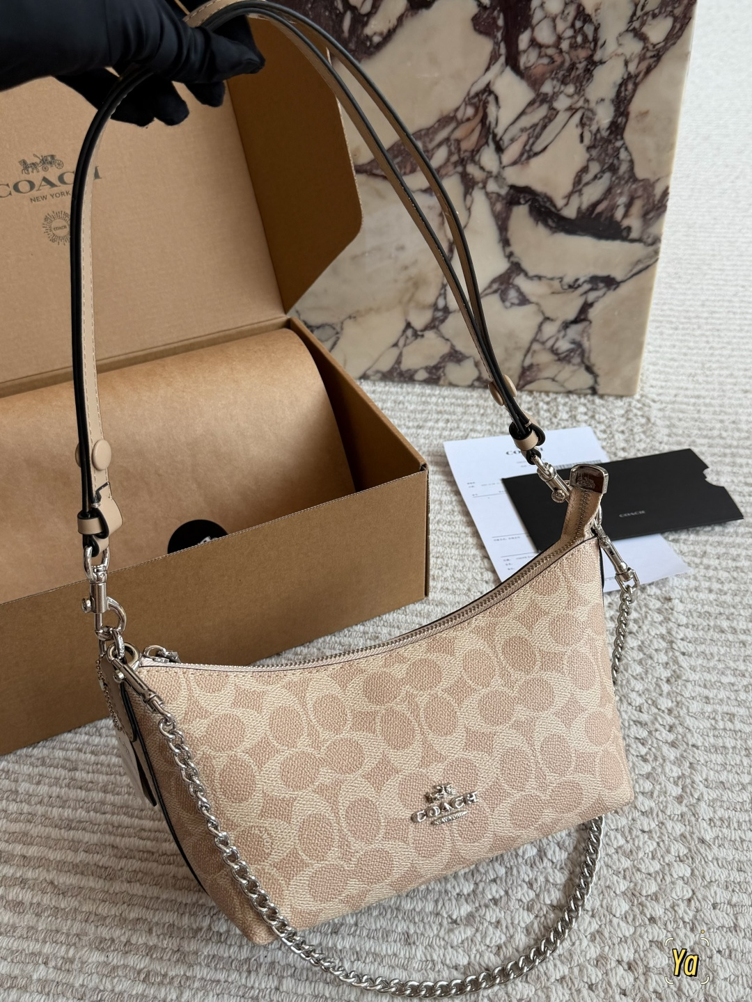 Coach Canvas Shoulder Bag with Leather Trim and Chain Strap (Replica)