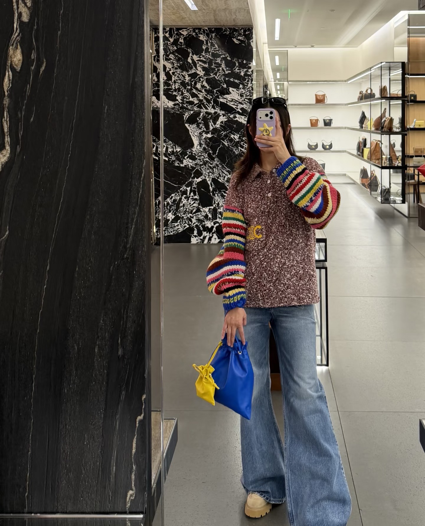 [TOP] CELINE Colorful Sleeve Patchwork Knitted Long Sleeves  - Brown - 711 Luxury