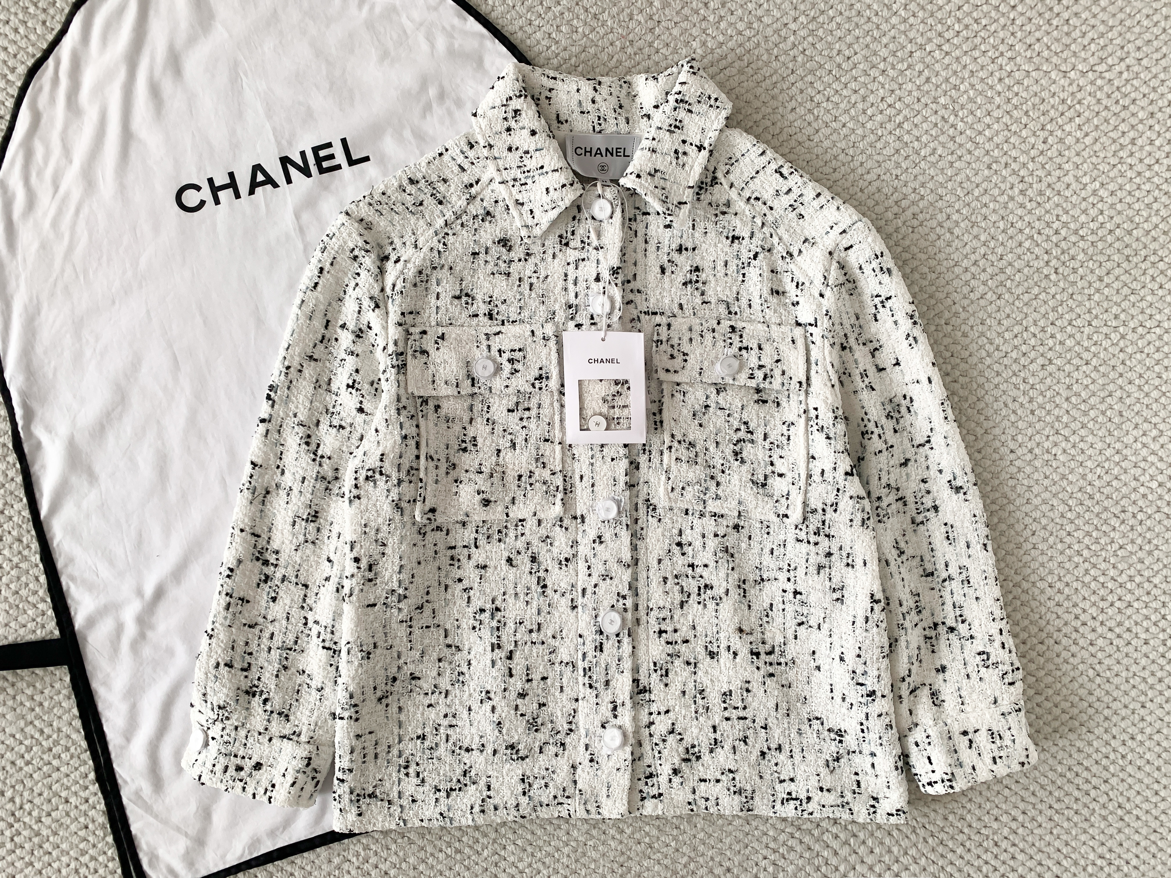 CHANEL Jacket and Short Skirt Tweed White Black #384306