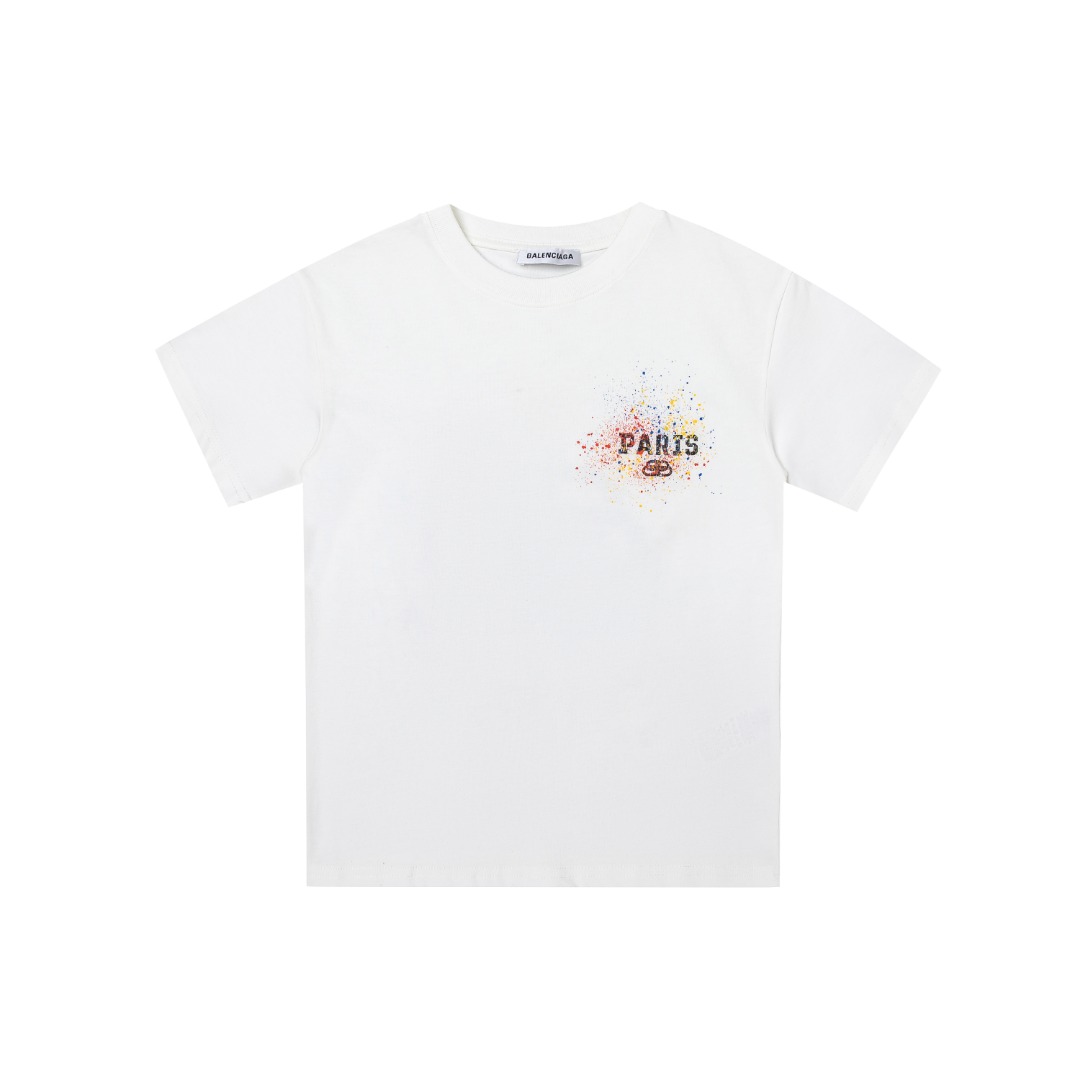 Balenciaga Unisex Kids Double-Sided Color Splash BB Logo Print Short Sleeve Cotton T-Shirt Boys Girls Casual Tee Sizes 100-160