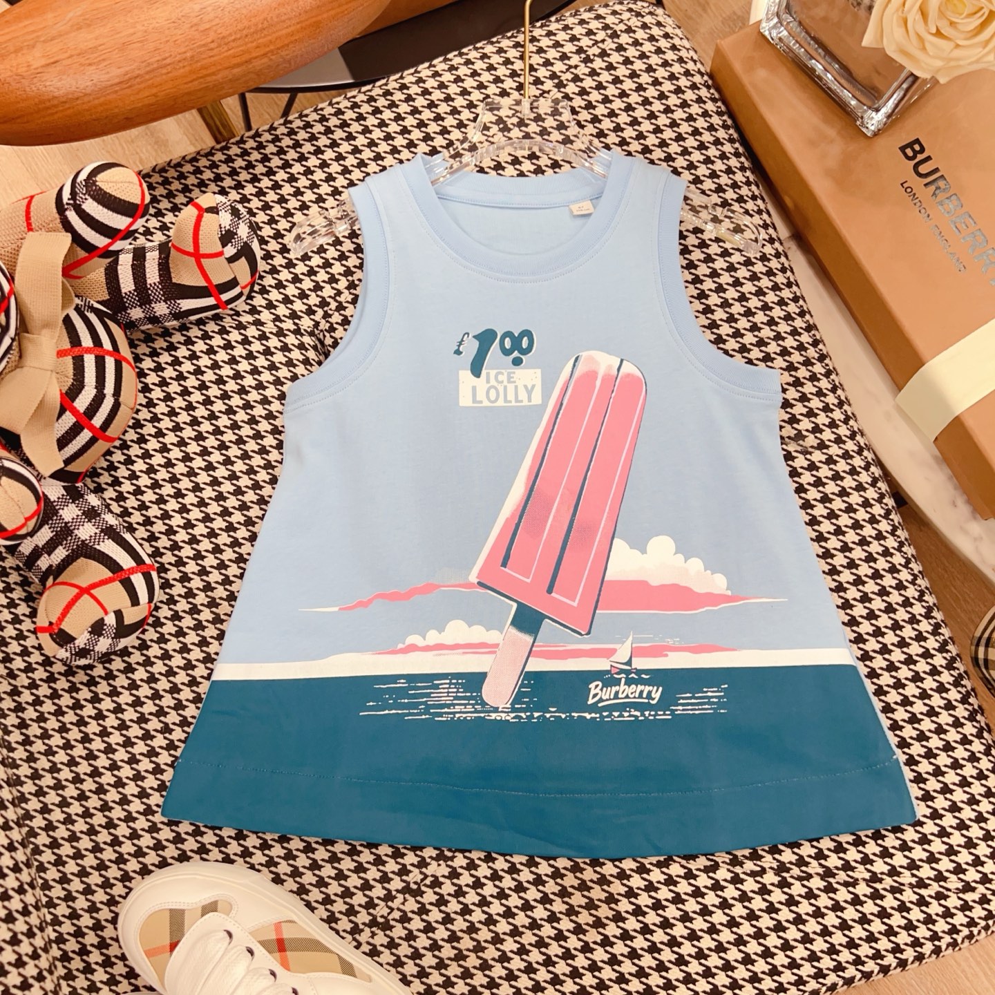 Burberry Unisex Kids Ice Lolly Sailboat Print Crew Neck Sleeveless Cotton Tank Top Boys Girls Sizes 100-160 Light Blue