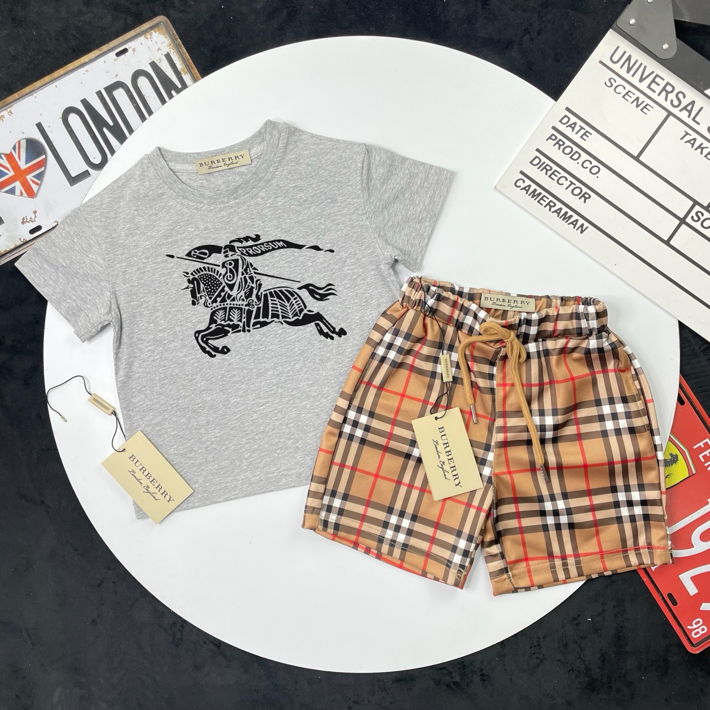 Burberry Unisex Kids Equestrian Knight Print Short Sleeve T Shirt & Vintage Check Drawstring Shorts Two Piece Matching Set Boys Girls Sizes 90-150