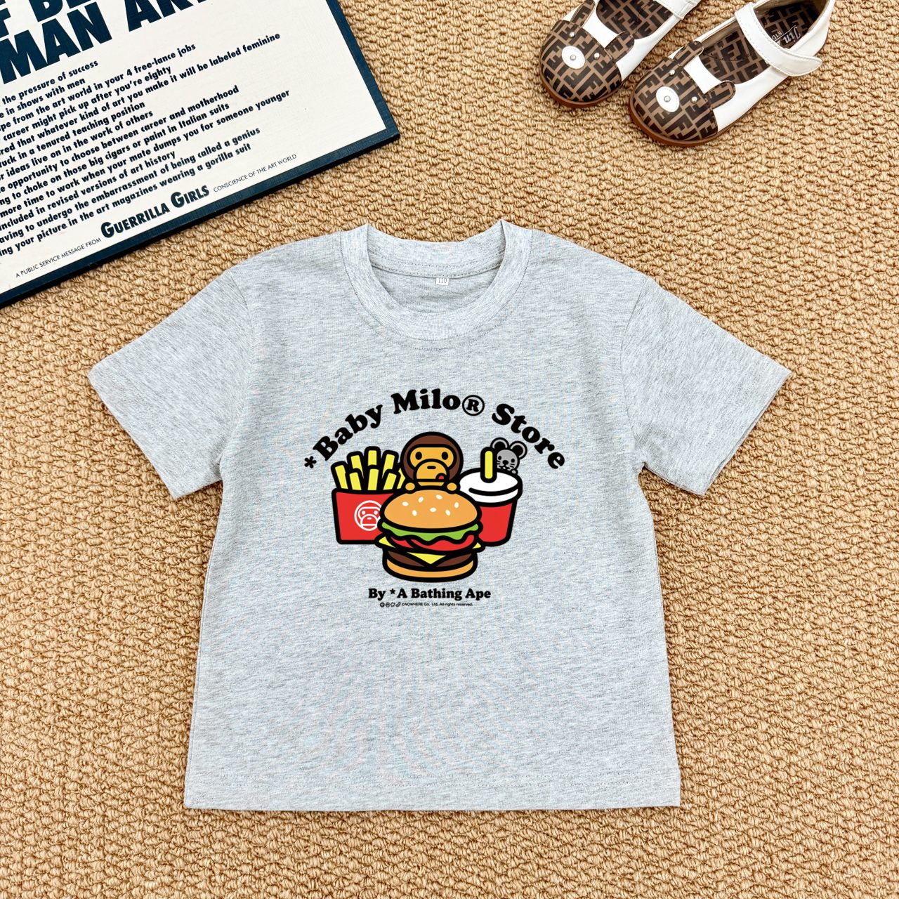 Bape Unisex Kids Red Pink White Black Gray Baby Milo Burger Fries Drink Graphic Short Sleeve T-Shirt Boys Girls Sizes 90-150