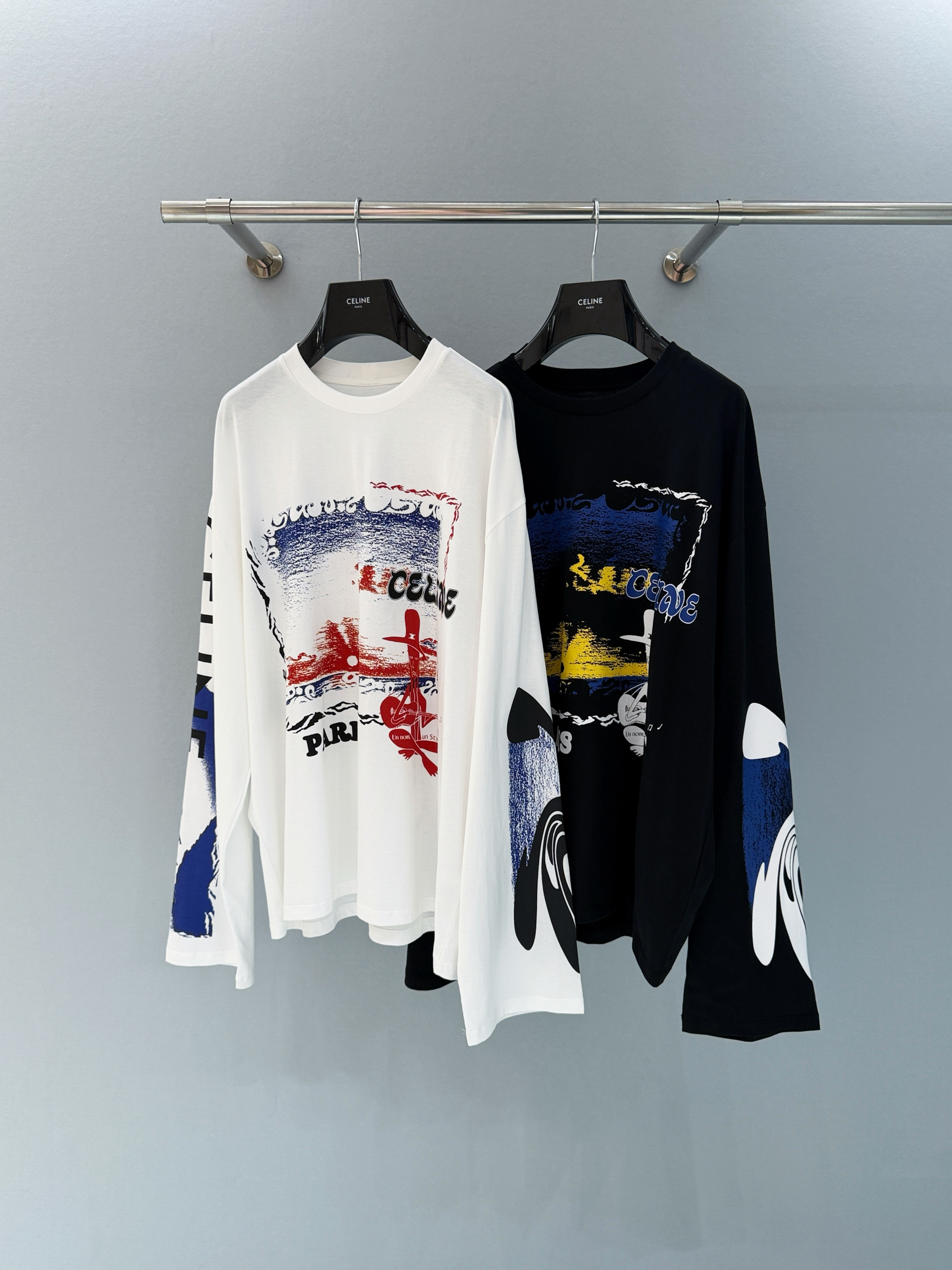 Celine Letter Print Irregular Graffiti Round Neck Long Sleeve T-shirt