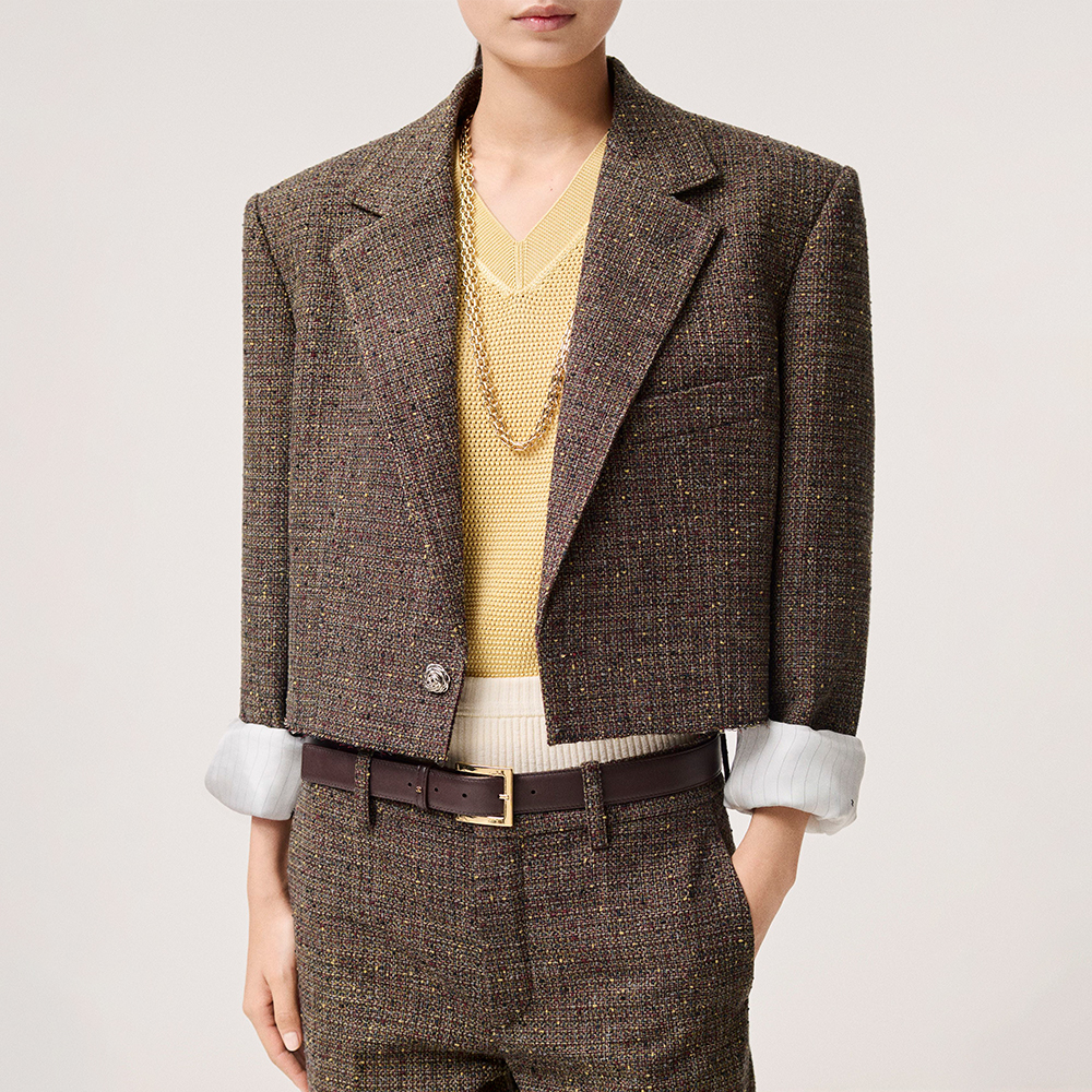 CHANEL Jacket Cotton Tweed Brown Burgundy Yellow #381759