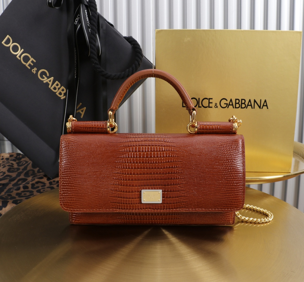 [TOP] Dolce & Gabbana D&G Bag Lizard-patterned Cowhide Bag 20x11x3cm - Caramel color - 711 Luxury