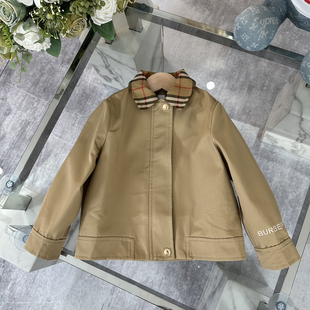 Burberry Unisex Kids Vintage Check Collar Solid Khaki Short Trench Jacket Boys Girls Sizes 100-170