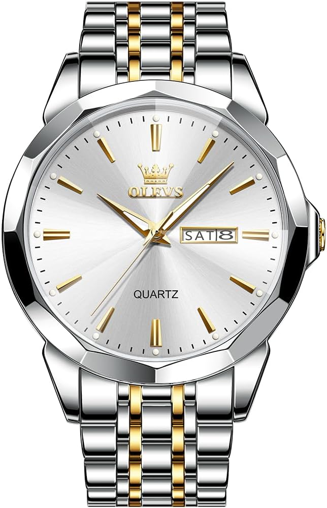 OLEVS Watch for Men Diamond Business Dress Analog Quartz Stainless Steel Waterproof Luminous Date Two Tone Luxury Casual Wrist Watch Blue