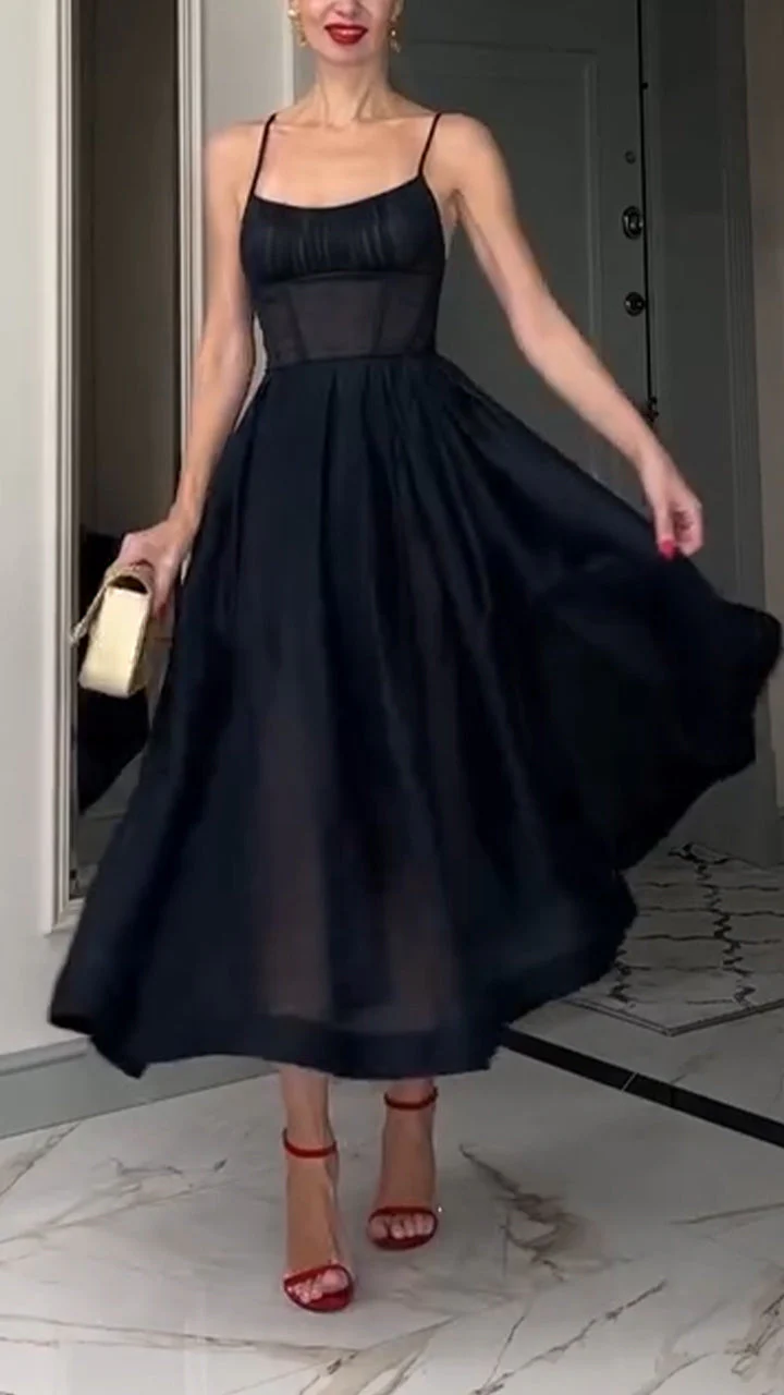 Women Spaghetti Strap Patchwork Solid Color Elegant Casual Dress