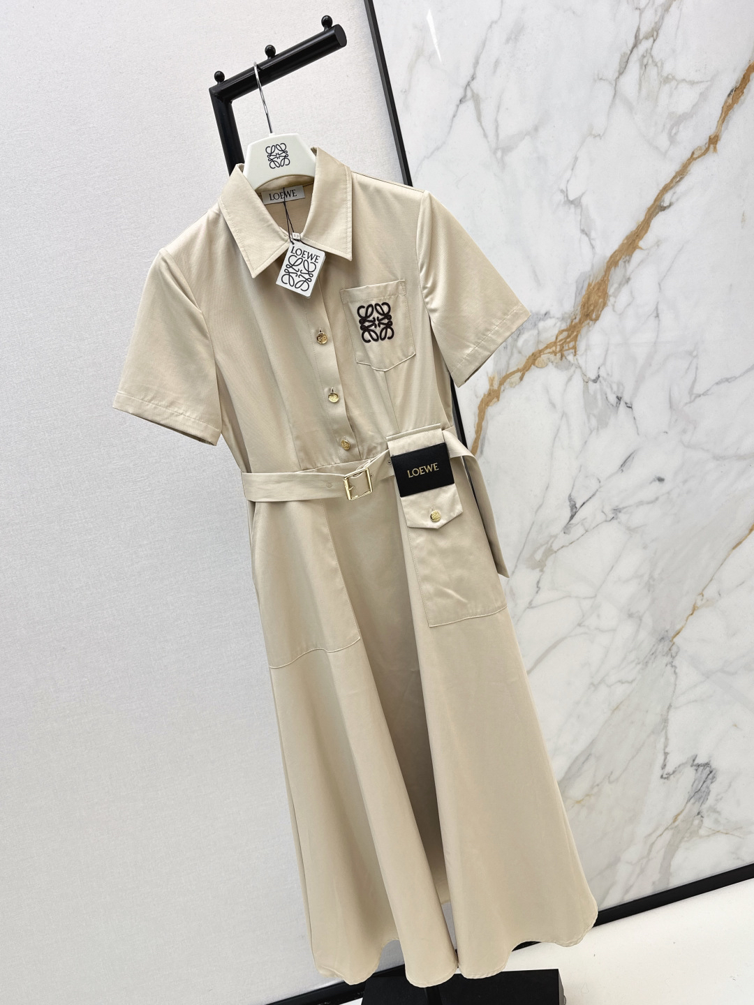 [TOP] LOEWE Short-Sleeve Logo Embroidered Long Dress - Beige