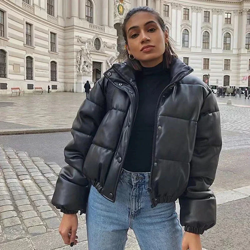 PU leather quilted jacket for women