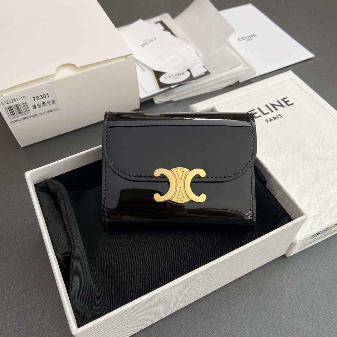 [TOP] CELINE Triomphe Logo Wallet 10.5-9-3cm - Black - 711 Luxury