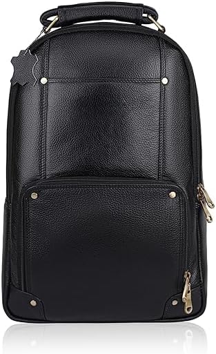 LV Full Grain Natural Leather Laptop Backpack For Men And Women Office And College 17 Inch Backpack Bag, Black, M, Backpacks