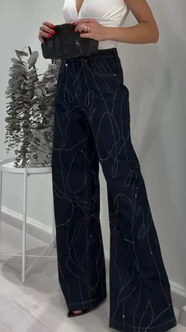 Women High-waisted Textured Rhinestone Casual Jeans