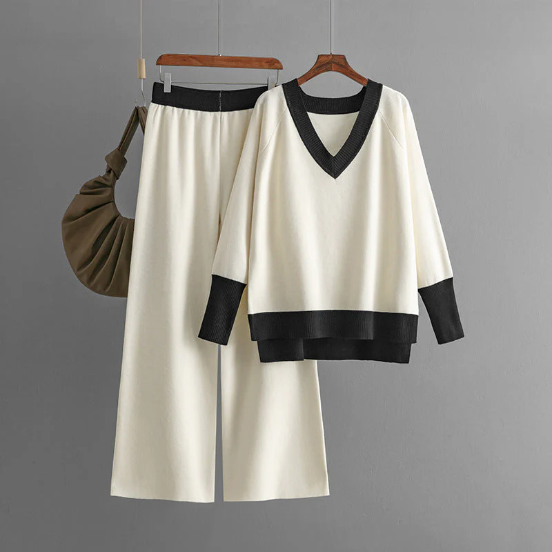 Casual V-Neck Contrast Top & Wide-Leg Pants Two-Piece Set