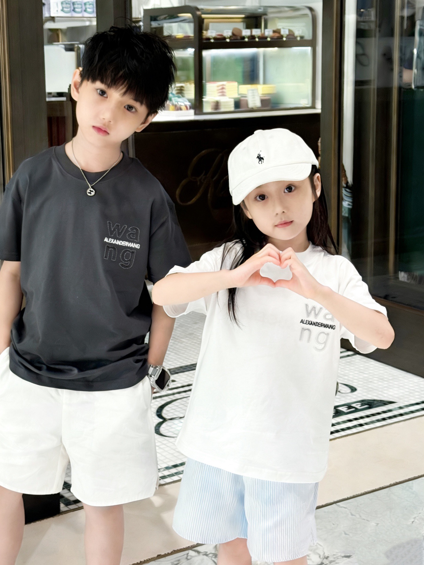 Alexander Wang Kids 2Pcs Hollow Embroidery Heavy Cotton Tee & Logo Print Shorts Matching Set For Boys Girls Luxury Kids Outfit Sizes 100-150,