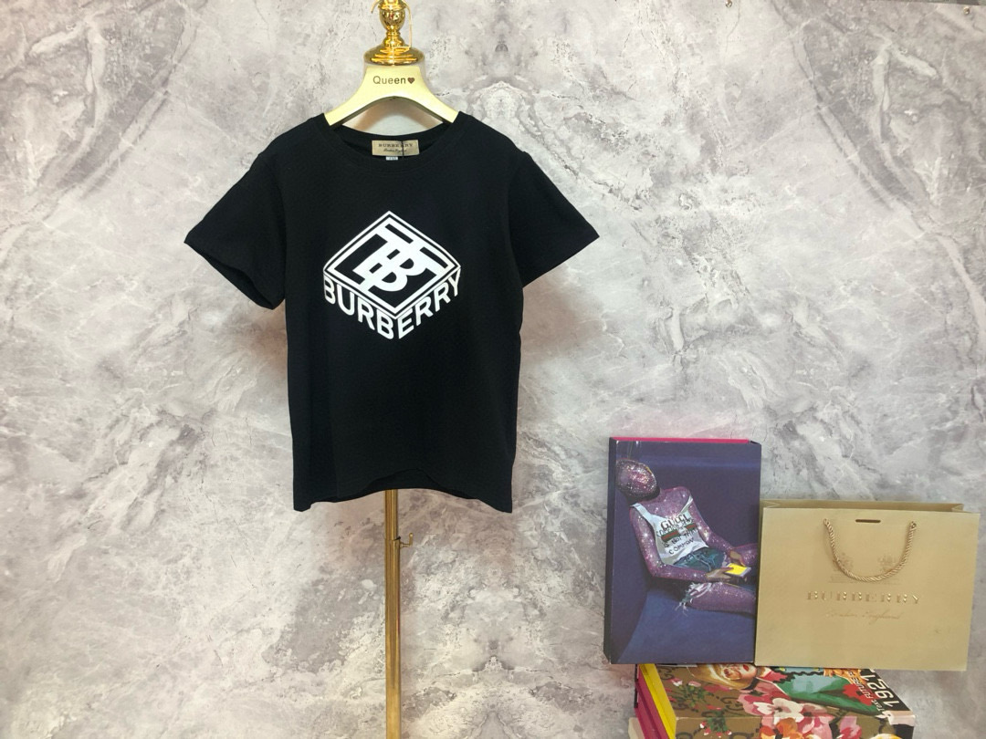 Burberry Unisex Kids Black White Diamond BB Logo Short Sleeve Cotton T-Shirt Boys Girls Sizes 100-150
