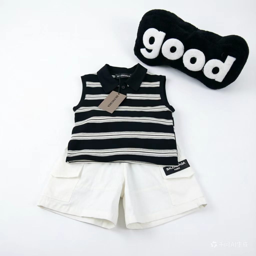 Balenciaga Unisex Kids Black White Stripe Sleeveless Polo Vest & White Big Pocket Cargo Shorts 2 Piece Set Boys Girls Sizes 90-140