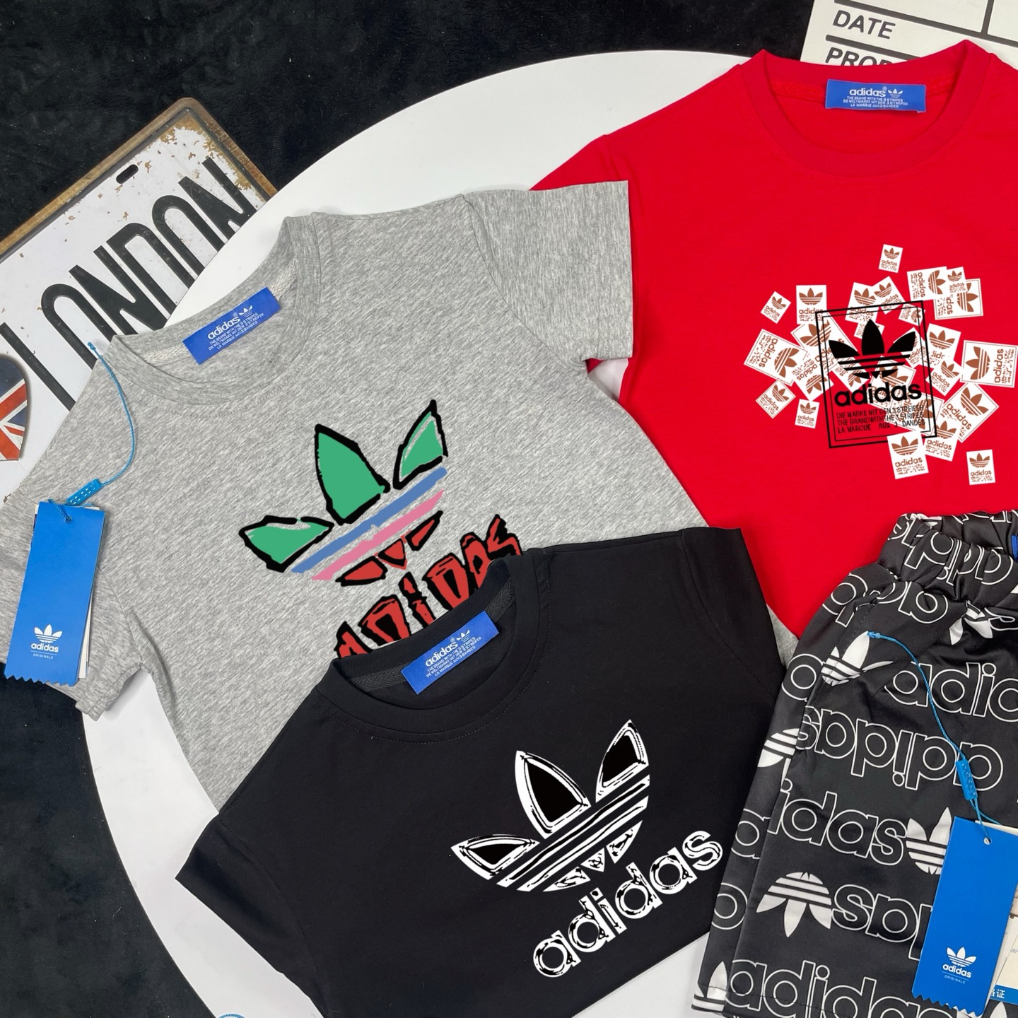 Adidas Kids 2Pcs Graphic Trefoil Tee & All Over Print Shorts Outfit For Boys Girls Full Original Tags Sizes 90-150
