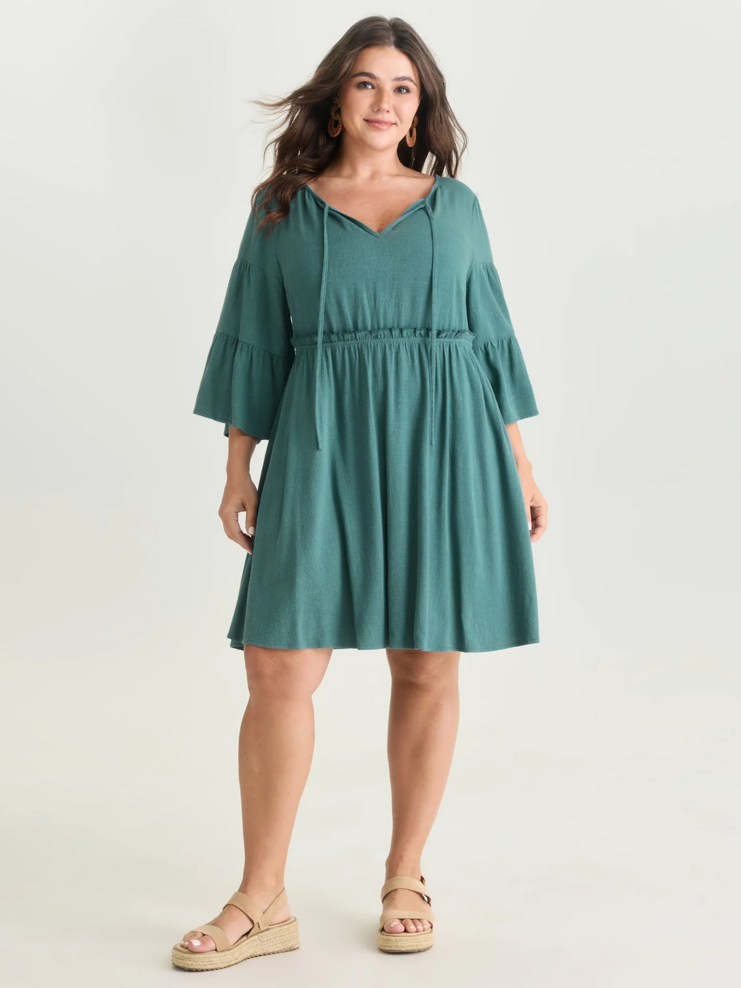 Tiered Sleeve Drawstring Neckline Mini Dress