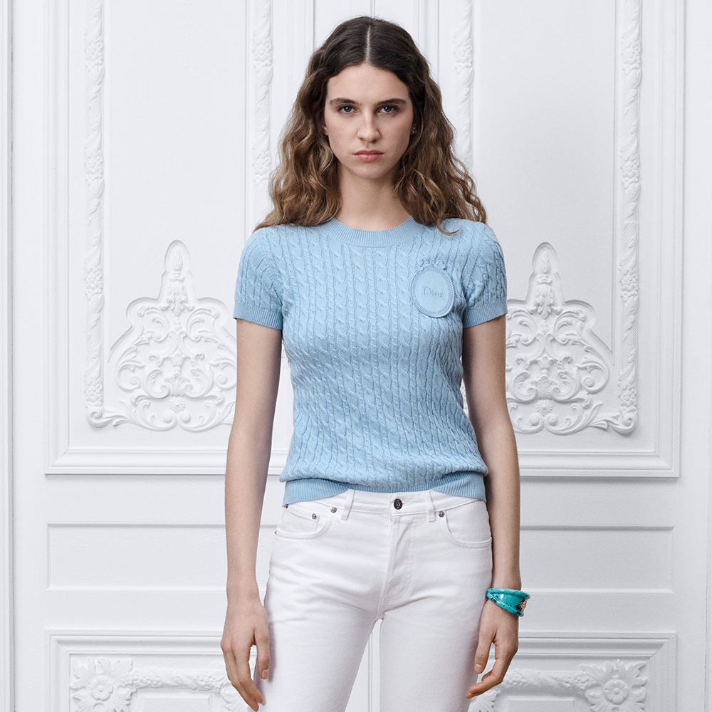 Dior Short-sleeved Sweater Blue Cotton and Sheep's Wool Blend Cable-knit Dior Médaillon Signature #378699
