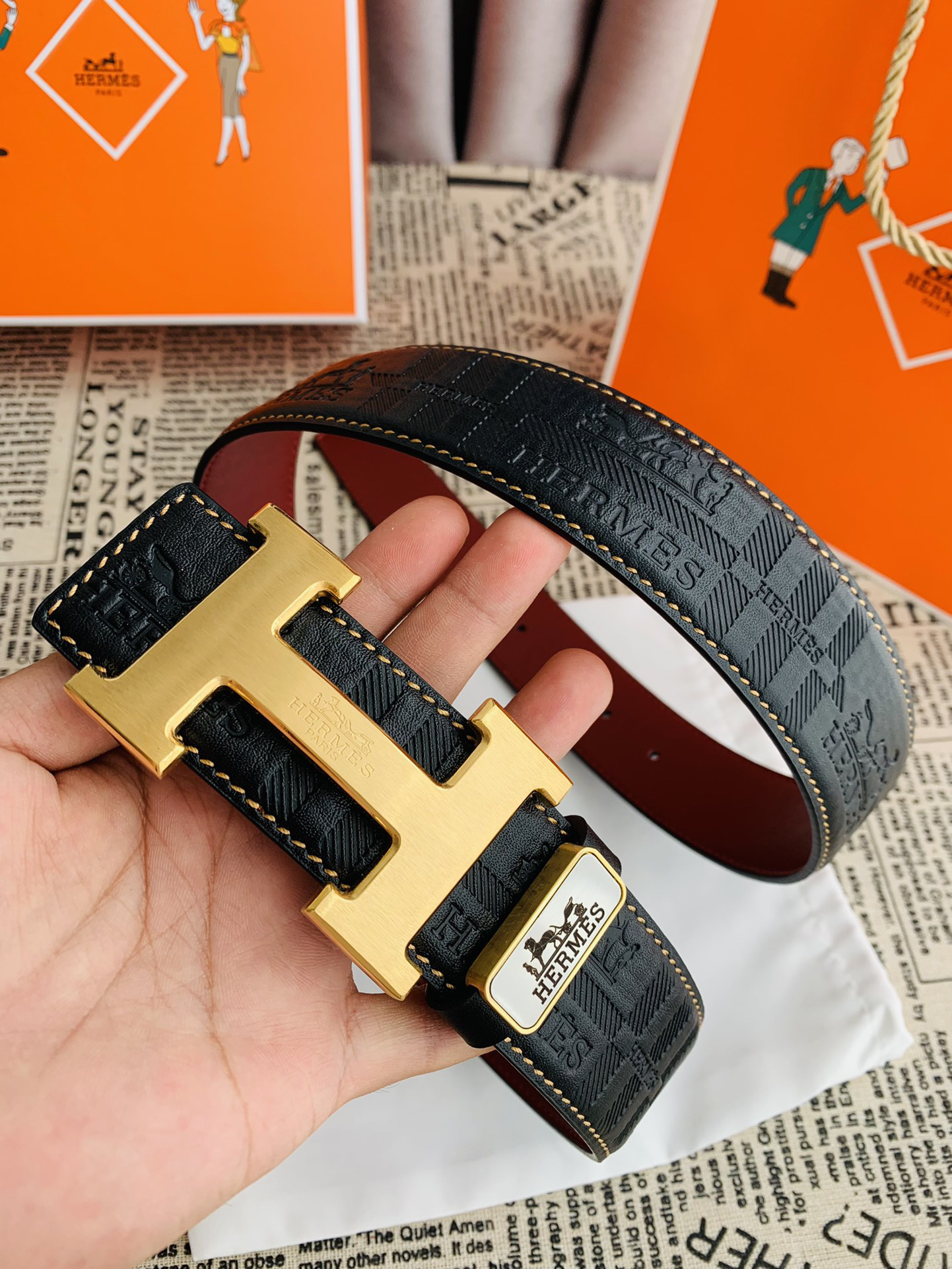 [TOP] HERMES Men's Buckle Logo Belt 3.8cm -Black - 711 Luxury