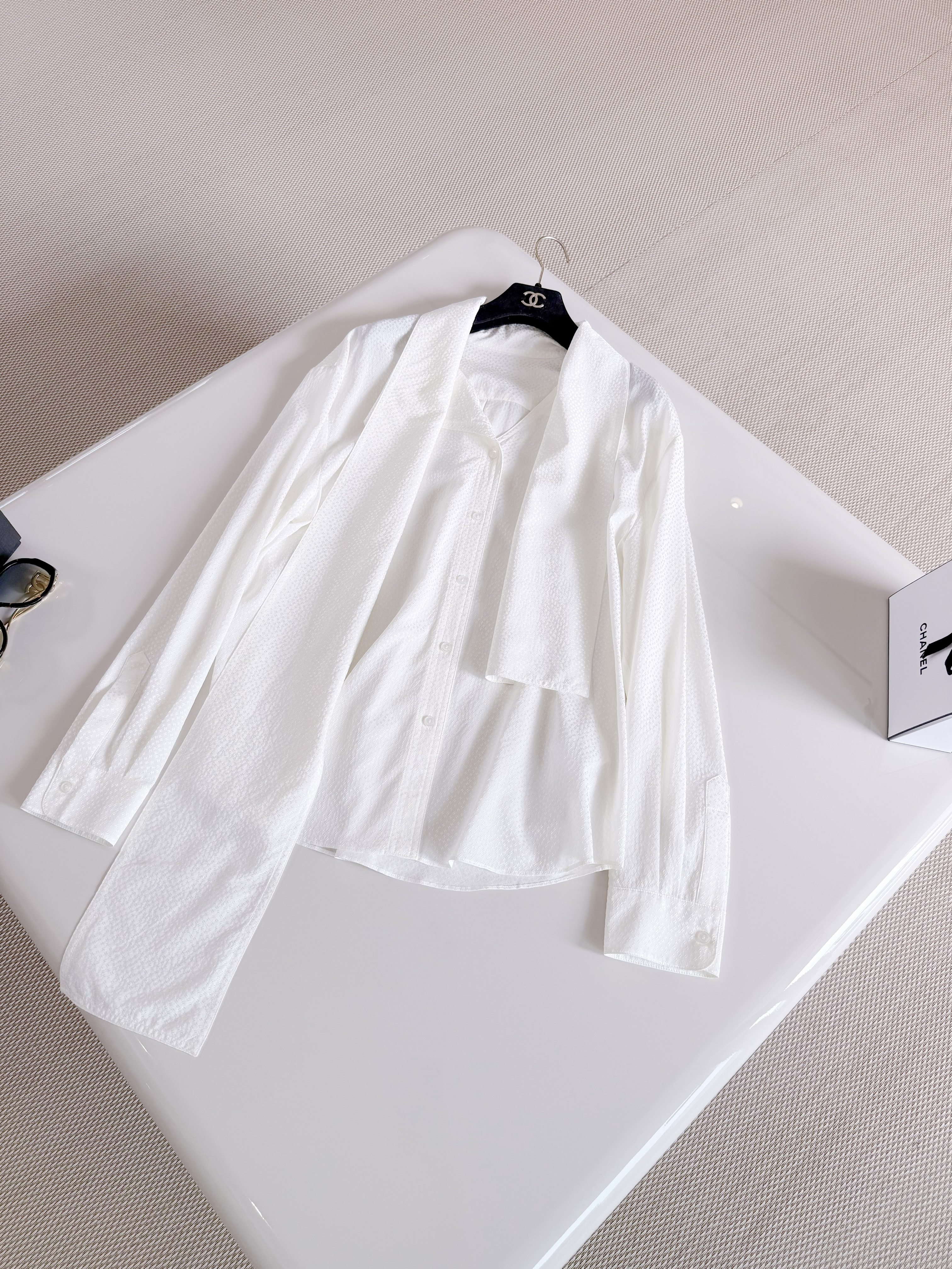 Chanel Long Sleeved Midi Skirt Blouse Silk Jacquard Silk White #381092